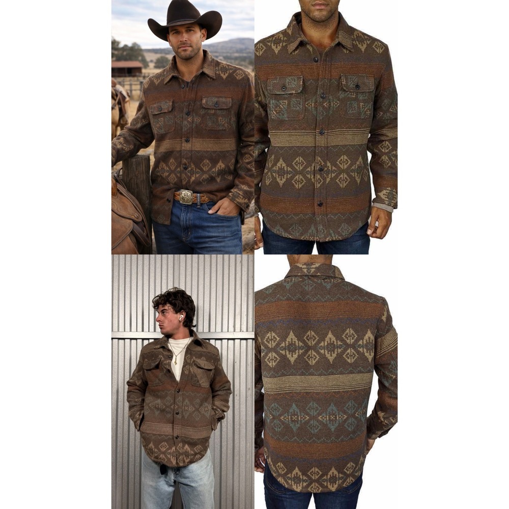 Jachs New York Mens Wool Blend Southwestern Shirt Jacket Brown Geometric Large